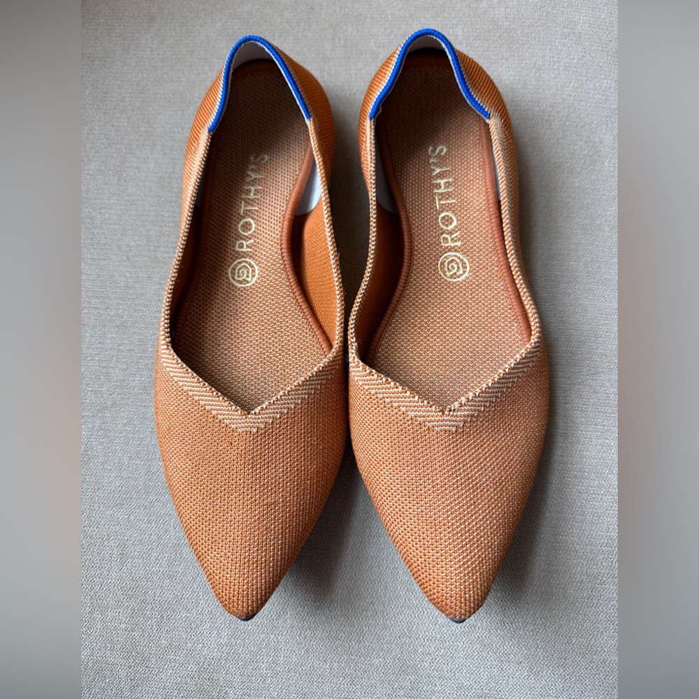Rothy's Pointed Knit Flats in Camel with Blue Trim size 11